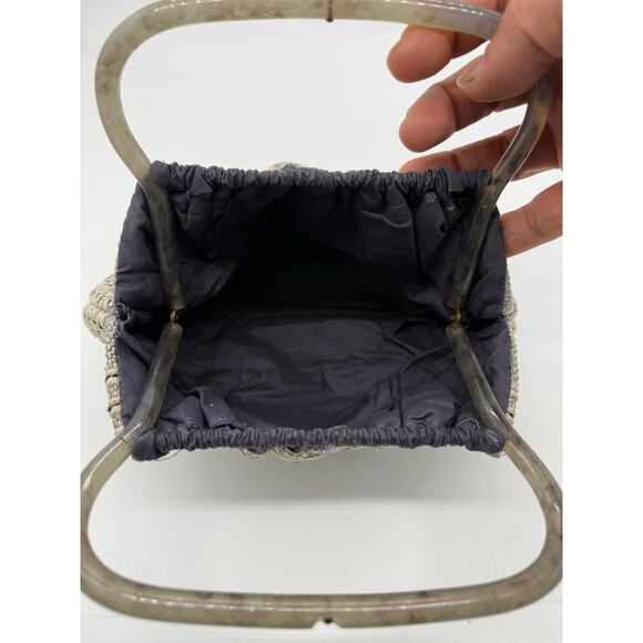 Vintage Antique 60's Style Macrame Top Handle Bag*Beautiful Navy Silver Threads - Picture 11 of 13